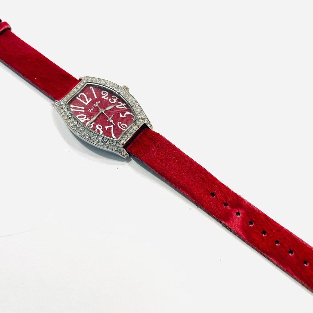 Fred Belay Quartz Japan Red Vintage Wrist Watch With Pave Crystals